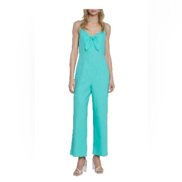 DONNA MORGAN For Maggy Tie Front Linen Blend electric green blue Jumpsuit/size 8 - Picture 1 of 4